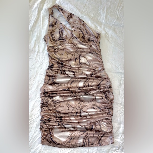 Neutral Marble Tan/Brown One Shoulder Key Hole Mini Dress - Picture 1 of 6